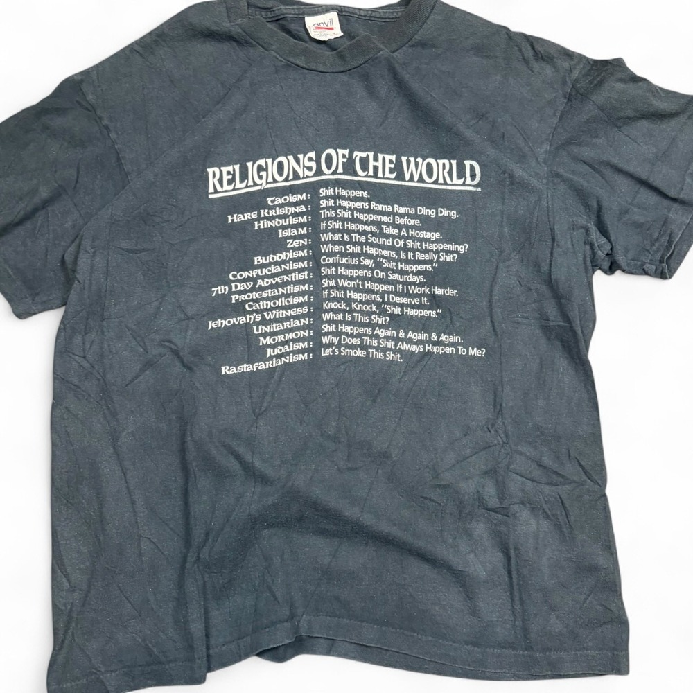 Vintage Anvil Religions of the World Shit Happens T-Shirt Black Large USA Made